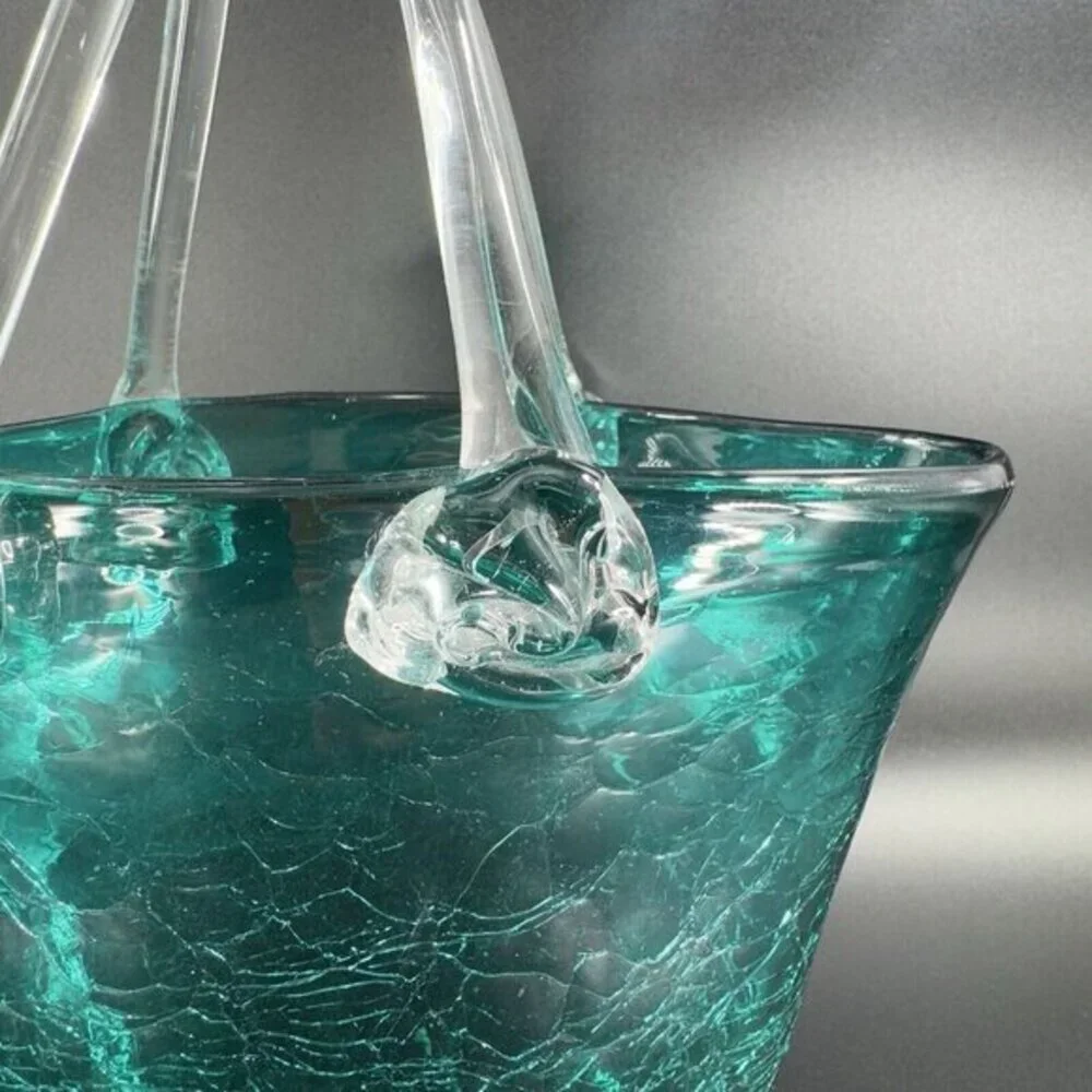 Hand Blown Green Crackle Glass Purse Shape Vase Glassware Decor‎ Clear Handles